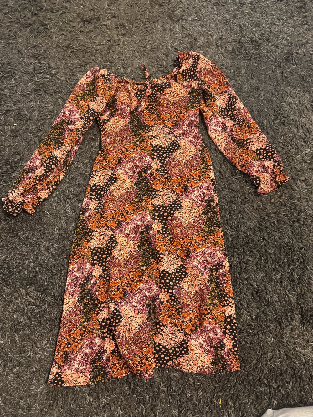 Floral Long Sleeve Midi Dress in Black, Orange, Pink